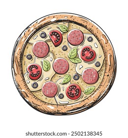 Pizza with prosciutto, tomato and mozzarella isolated on white background. Pizza design in vintage cartoon style. Vector illustration