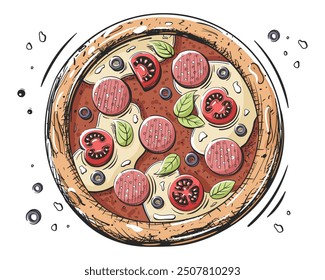 Pizza with prosciutto, tomato and mozzarella isolated on white background. Pizza design in vintage cartoon style. Vector illustration