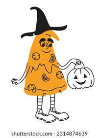 Pizza with pumpkin head. Halloween character in outline style.