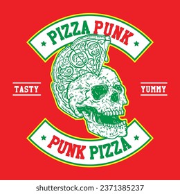 Pizza Punk Skull Skeleton Hand Drawing Vector Illustration Patch Emblem Badge Vector Style Design