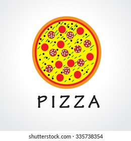 Pizza quickly delivering logotype. Illustration of fiery pizza with sausage and tomato. Fastfood brand sign. Cafe, pizzeria, restaurant, lunch bar courier service icon.