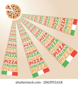 Pizza with rays and inscriptions. Vector image, finished picture.