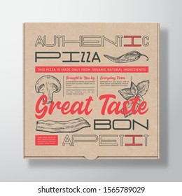 Pizza Realistic Cardboard Box Container. Abstract Vector Packaging Design or Label. Modern Typography, Hand Drawn Ingredients Mushroom, Basil, Bacon and Chilly. Craft Paper Background Layout. Isolated