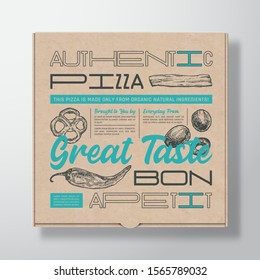 Pizza Realistic Cardboard Box Container. Abstract Vector Packaging Design or Label. Modern Typography, Hand Drawn Ingredients Olives, Bacon and Chilly Pepper. Craft Paper Background Layout. Isolated.