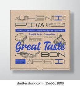 Pizza Realistic Cardboard Box Container. Abstract Vector Packaging Design or Label. Modern Typography, Hand Drawn Ingredients Garlic, Bacon and Chilly Pepper. Craft Paper Background Layout. Isolated.