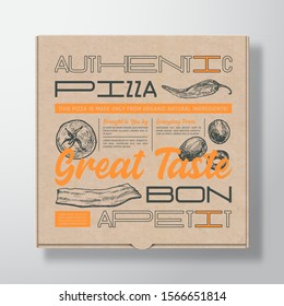 Pizza Realistic Cardboard Box Container. Abstract Vector Packaging Design or Label. Modern Typography, Hand Drawn Ingredients Olives, Tomatoes and Bacon. Craft Paper Background Layout. Isolated.