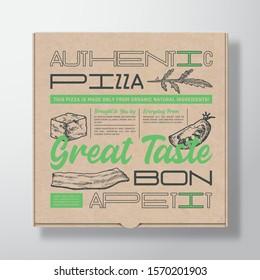 Pizza Realistic Cardboard Box Container. Abstract Vector Packaging Design or Label. Modern Typography, Hand Drawn Ingredients Cheese, Bacon and Chilly Pepper. Craft Paper Background Layout. Isolated.