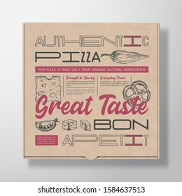 Pizza Realistic Cardboard Box Container. Abstract Vector Packaging Design or Label. Modern Typography, Hand Drawn Ingredients Cheese, Tomato and Jalapeno. Craft Paper Background Layout. Isolated.