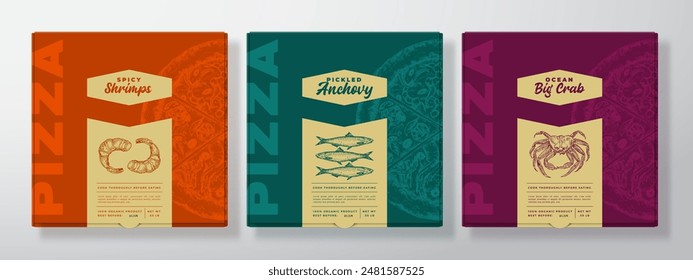 Pizza Realistic Cardboard Box Mockups Set. Abstract Vector Packaging Design Label Templates Collection. Modern Typography, Sketch Seafood Food and Color Paper Background Layout. Isolated