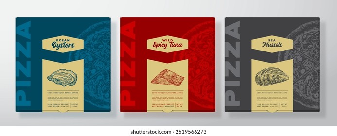 Set de maquetas de caja de cartón realista de pizza. Colección Abstractas de Plantillas de etiquetas de diseño de empaquetado de Vector. Tipografía moderna, bosquejo de comida de mariscos y diseño de fondo de papel de color. Aislado