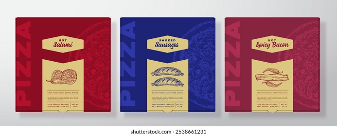 Pizza realistische Pappe Box Mockups Set. Labelvorlagen für abstrakte Vektorverpackungen. Moderne Typografie, Skizze Fleisch Bacon Salami Essen und Farbe Papier Hintergrund Layout einzeln