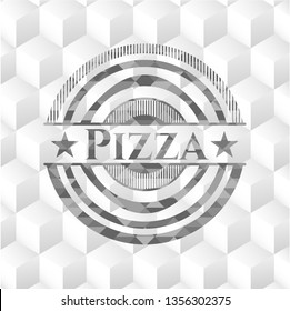 Pizza realistic grey emblem with cube white background