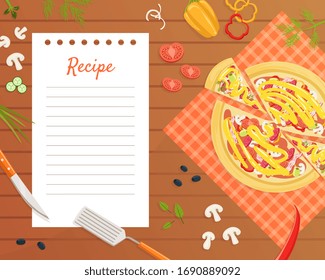 Pizza Recipe Blank Card or Sheet Template for Making Notes about Meal Preparation Vector Illustration