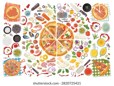 Pizza recipe constructor illustration for menu whole pies slices, ingredients vegetables, meats, cheeses and cooking utensils on wooden boards flat cartoon design