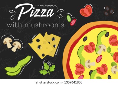 Pizza recipe. Pizza with mushrooms. Cooking pizza with ingredients. Flat style illustration. Pizza in flat style on chalkboard background. Vector illustration.