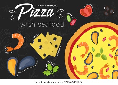 Pizza recipe. Pizza with seafood. Cooking pizza with ingredients. Flat style illustration. Pizza in flat style on chalkboard background. Vector illustration.
