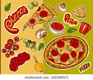 Pizza recipe sticker set vector hand drawing, set of stickers for printing fast food pizza, cooking ingredients, cheese, tomatoes, herbs, sausage. Stickers food for printing, sketchbook, diary