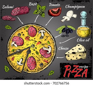 Pizza recipe.Vector illustration of hot Pizza and its ingredients.Traditional Italian recipe. Infographic creative design. Fastfood isolated on black background