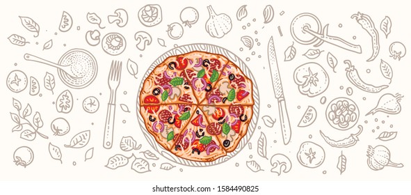 Заголовок: Pizza and pizza related elements illustration. Vector, isolated, layered.
