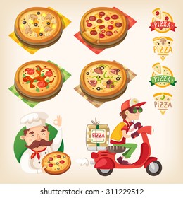 Pizza related pictures: kinds of pizza on the board, logos, italian cook and pizza delivery boy