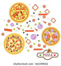 Pizza related pictures kinds of pizza on board, logos, italian cook and pizza delivery. Thinly sliced pepperoni is a popular pizza topping pizzerias. Pizza food italian cheese dinner symbol.