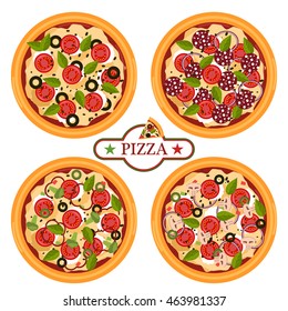 Pizza relacionados imagens tipos de pizza a bordo, logotipos, cozinheiro italiano e entrega de pizza. Pepperoni em fatias finas é uma pizza popular topping pizzarias. Comida de pizza símbolo de jantar de queijo italiano.