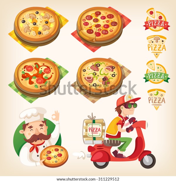 Pizzabilder Pizzasorten Auf Dem Board Logos Stock Vektorgrafik Lizenzfrei