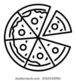 Pizza, representing fast food, Italian cuisine, and shared moments round line vector icon with editable stroke 