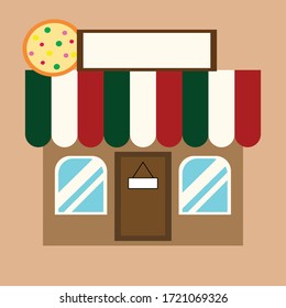 Pizza restaurant building. Isolated urban buliding with sign and storefront. EPS10 vector