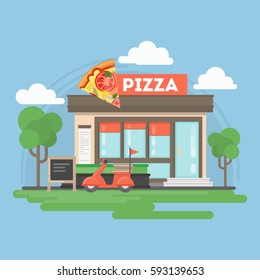 Pizza Restaurant Building. Isolated Urban Building With Sign And Storefront. City Landscape Withclouds And Trees.