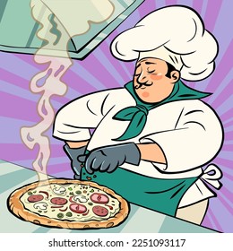 pizza restaurant, chef man preparing a dish, ingredients, street traditional italian food