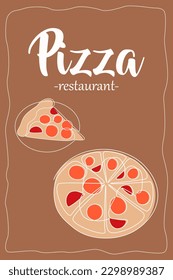 Pizza restaurant. Continuous one line Italian meal. Pizzeria delivery. Dinner menu banner. Contour drawing. Delicious pepperoni piece. Cheese and salami. Vector cafe poster sketch design