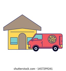 Pizza restaurant and delivery van vector illustration graphic design