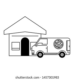 Pizza restaurant and delivery van vector illustration graphic design