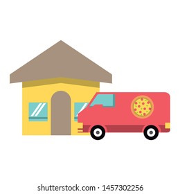 Pizza restaurant and delivery van vector illustration graphic design