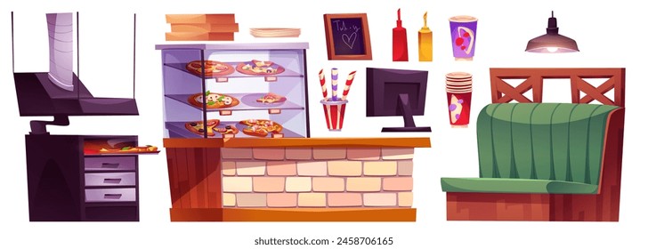 Die Design-Elemente des Pizzarestaurants sind auf einem weißen Hintergrund abgelegen. Vektorgrafik-Cartoon-Illustration des Backofens, italienisches Fast Food auf Glasdisplay, Kassenschalter, Papierbecher und Kisten für den Lieferservice