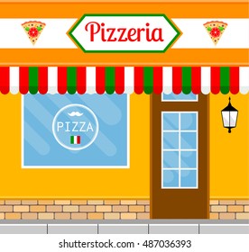 Pizza restaurant facade in flat style. EPS10 vector illustration of city public building square architecture. Small business pizzeria design.