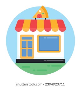 Un restaurante de pizza icono redondo plano sobre fondo colorido