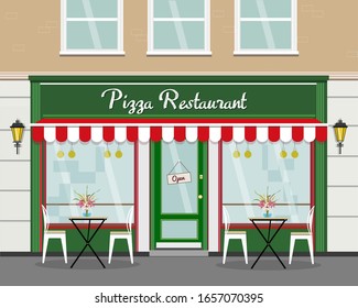 Pizza restaurant in a flat style. Exterior of cafe in London, New York, Los Angeles. Cute cafe. Cartoon style.