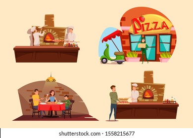 Pizza restaurant flat vector illustrations set. Happy cooks, courier and customers cartoon characters. Traditional italian fast food sale business. Bakery, pizzeria with home delivery service