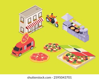 Pizza Restaurant, Food Truck, and Delivery Service - Isometric Illustration of Italian Cuisine Business 3d flat vector illustrations