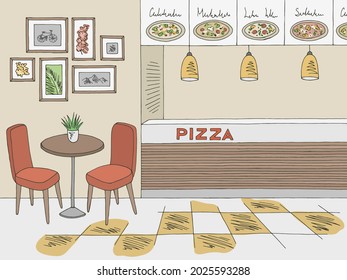 Pizza restaurant interior fast food court graphic color sketch illustration vector