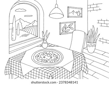Pizza restaurant interior graphic black white sketch illustration vector 