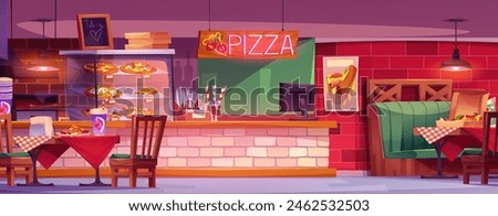 Pizza restaurant interior. Italian cafe background. Pizzeria shop room inside with table, chair, neon signboard and brick wall decor. Empty fastfood place with wooden counter and cozy lounge design