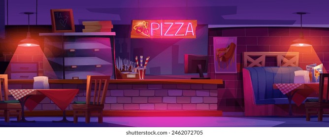 Pizza restaurant interior at night cartoon vector. Pizzeria shop with table for food, neon light signboard and brick wall design. Modern lounge furniture and empty showcase for fastfood illustration