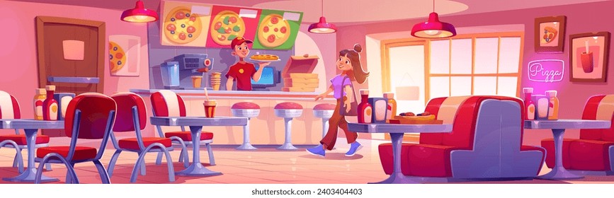 Pizza restaurant interior. Vector cartoon illustration of male pizzaiolo cooking for female customer, pizzeria menu board, coffee machine, ketchup mustard bottles on tables, cash register on counter