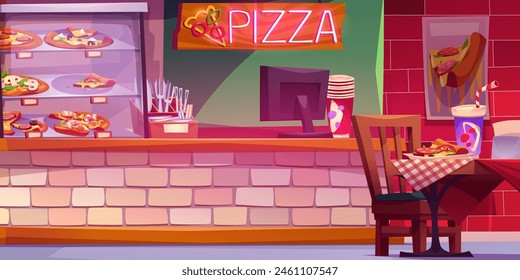 Pizza restaurant interior. Vector cartoon illustration of Italian pizzeria, fast food piece and drink in paper cup on wooden, table, glass display, cash desk counter, catering and delivery service