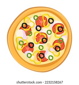 Pizza from restaurant isolated on background. Pizza with tomato sauce and juicy stuffing ingredients for pizzeria dish card. Vector illustration