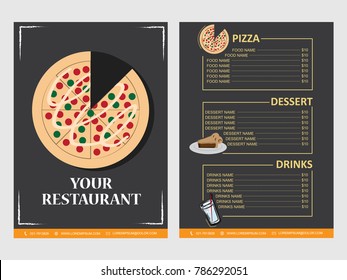Pizza restaurant menu flyer with list of for pizza, dessert and drinks. Vector illustration