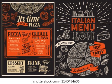 Pizza restaurant menu. Food flyer for italian bar and cafe. Design template with vintage hand-drawn illustrations.